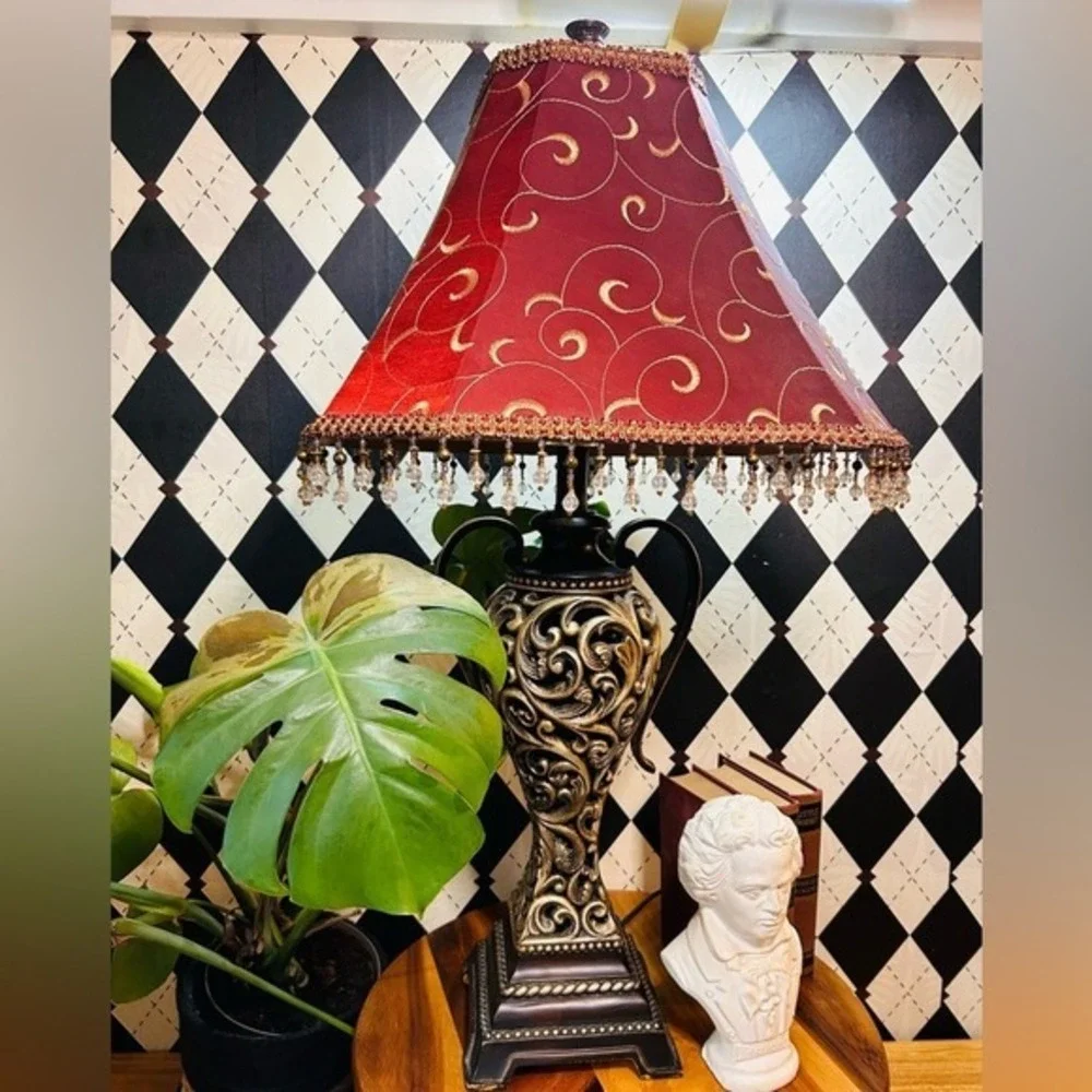 Moody Vintage Table Lamp‎ with Deep Burgundy Shade| Ornate Baroque Decor